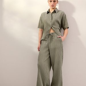 Green Wide Leg Textured Co-ord Trousers with Linen