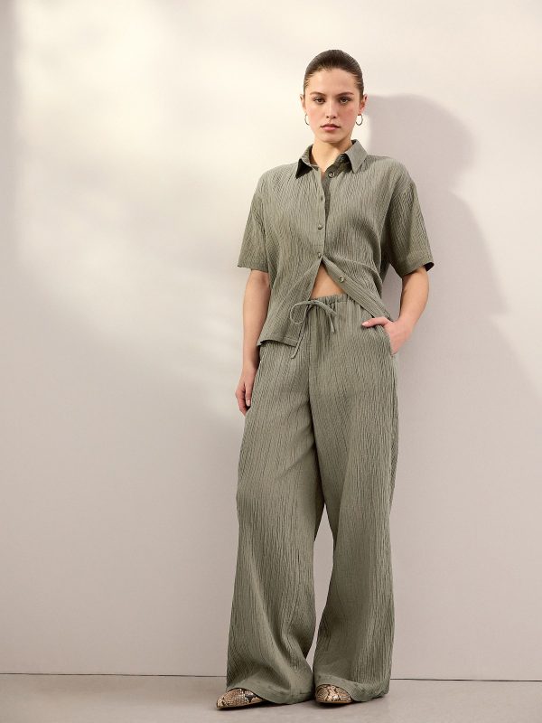 Green Wide Leg Textured Co-ord Trousers with Linen