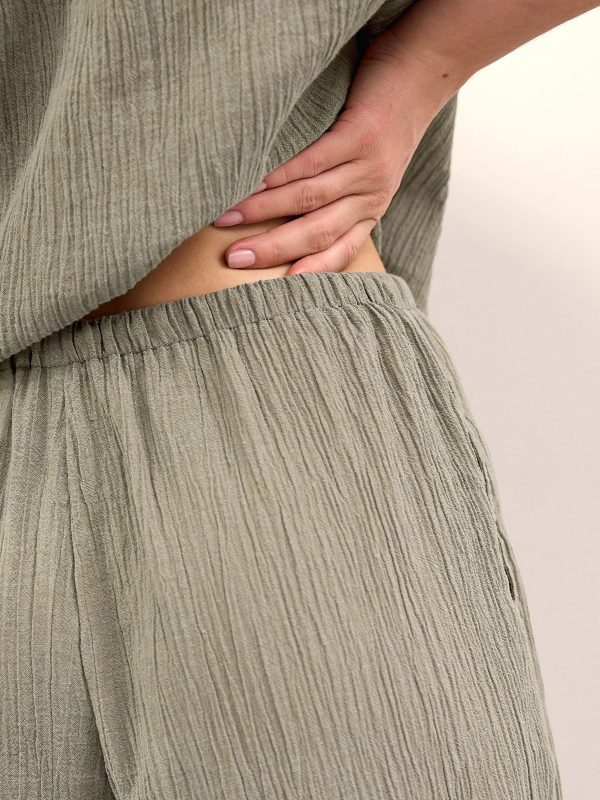 Green Wide Leg Textured Co-ord Trousers with Linen - 图片 5