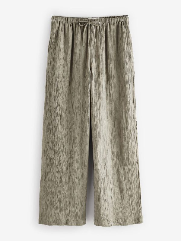 Green Wide Leg Textured Co-ord Trousers with Linen - 图片 6