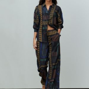 Navy Print Wide Leg Trousers with Linen
