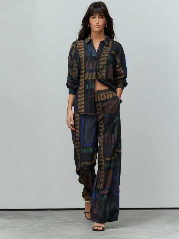 Navy Print Wide Leg Trousers with Linen