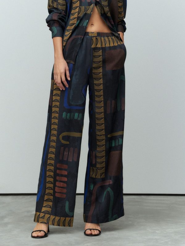 Navy Print Wide Leg Trousers with Linen - 图片 2