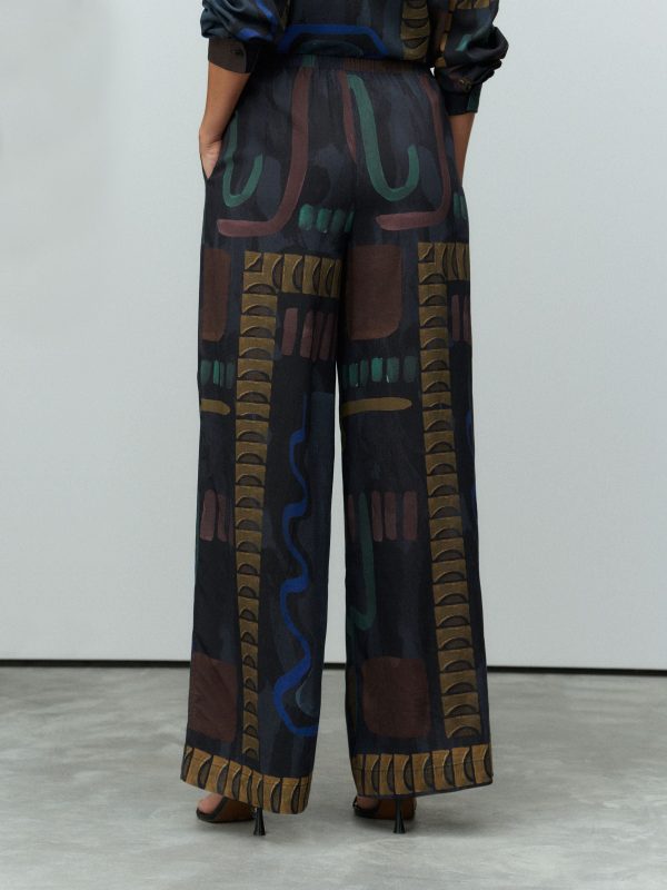 Navy Print Wide Leg Trousers with Linen - 图片 3
