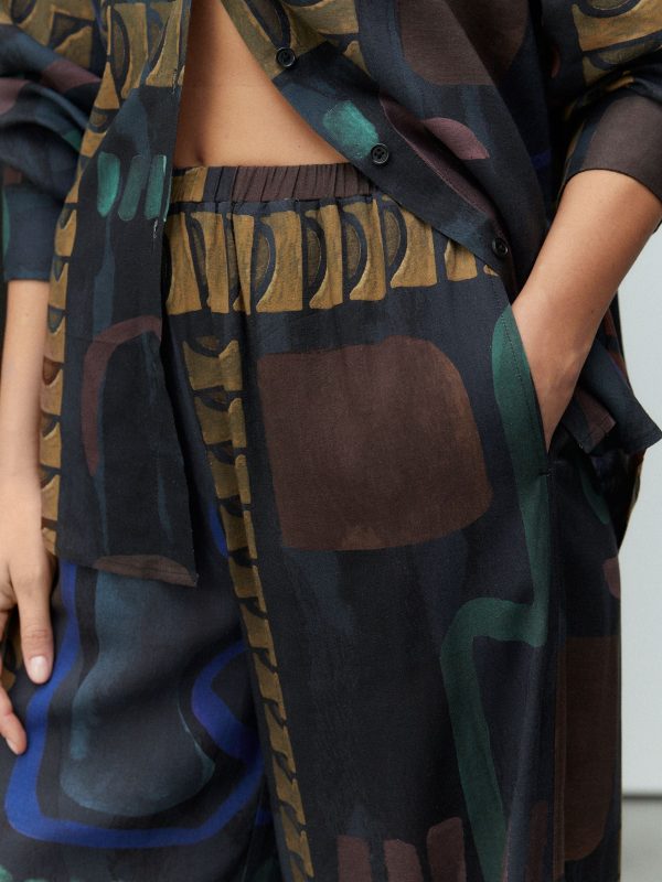 Navy Print Wide Leg Trousers with Linen - 图片 4
