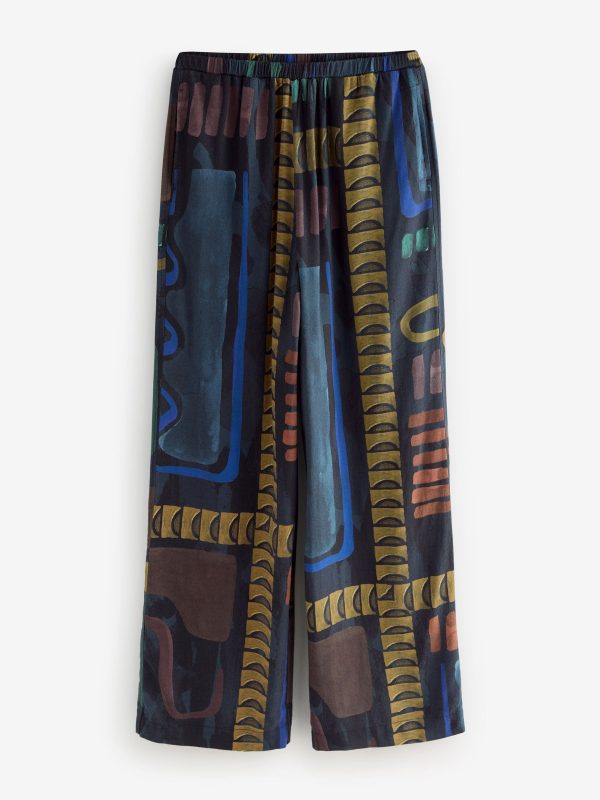 Navy Print Wide Leg Trousers with Linen - 图片 5