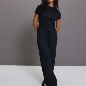 Navy Wide Leg Drawstring Textured Trousers