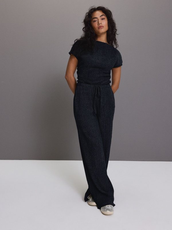 Navy Wide Leg Drawstring Textured Trousers