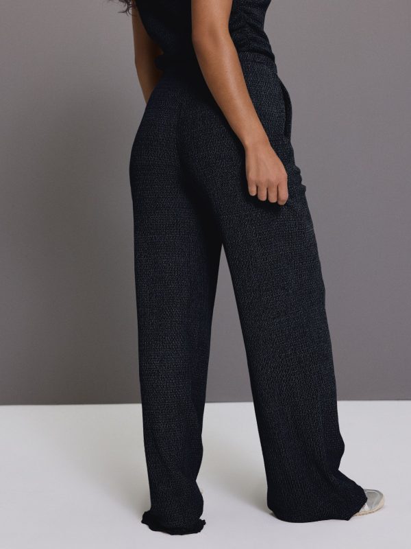 Navy Wide Leg Drawstring Textured Trousers - 图片 2