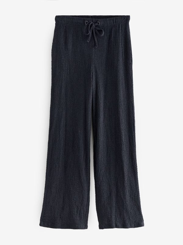 Navy Wide Leg Drawstring Textured Trousers - 图片 4