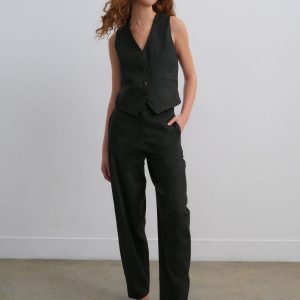 Black Elasticated Waist Barrel Leg Trousers with Linen