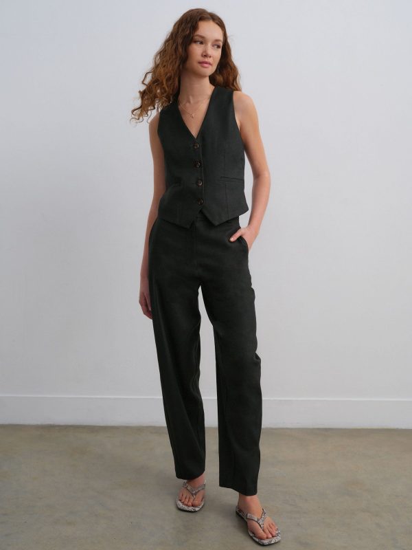 Black Elasticated Waist Barrel Leg Trousers with Linen