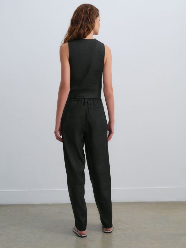 Black Elasticated Waist Barrel Leg Trousers with Linen - 图片 2