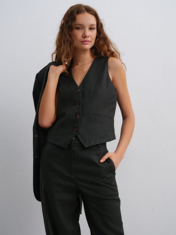Black Elasticated Waist Barrel Leg Trousers with Linen - 图片 3