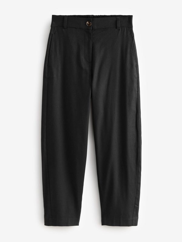 Black Elasticated Waist Barrel Leg Trousers with Linen - 图片 4