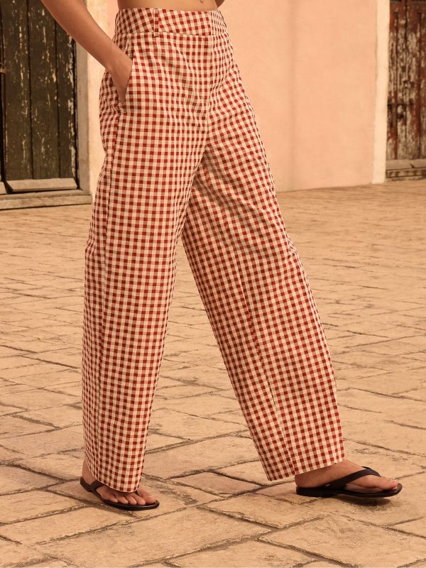 Red Gingham Check Relaxed Wide Leg Trousers - 图片 2