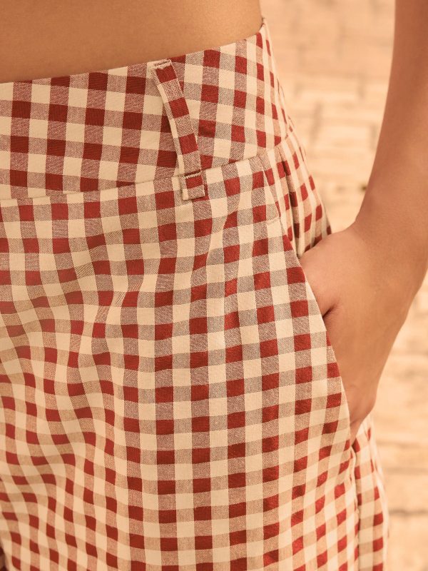 Red Gingham Check Relaxed Wide Leg Trousers - 图片 4