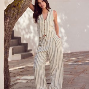 Green/Ecru Striped Elastic Back Wide Leg Trousers With Linen