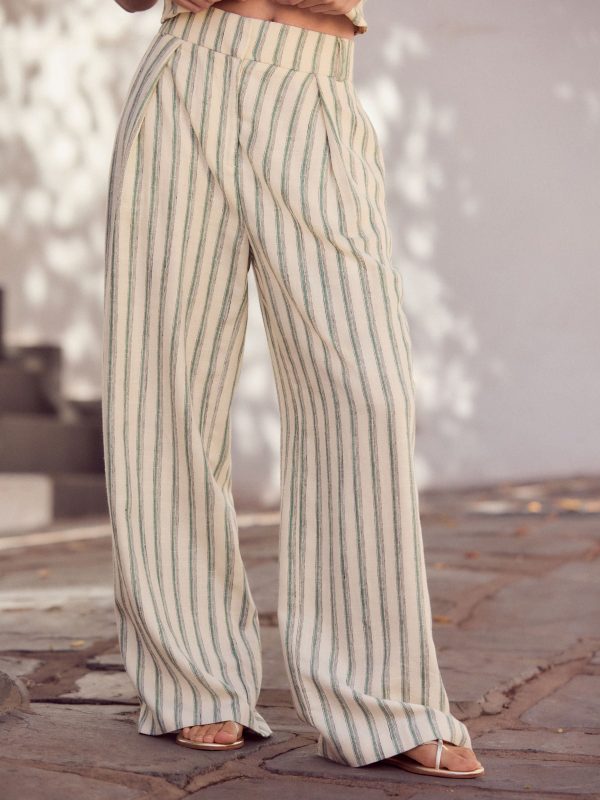 Green/Ecru Striped Elastic Back Wide Leg Trousers With Linen - 图片 2