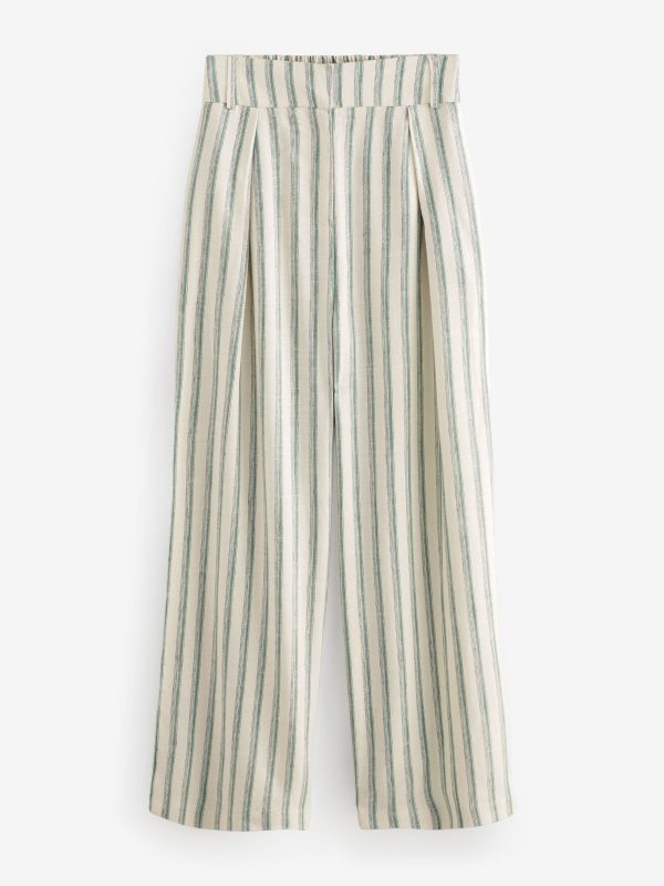 Green/Ecru Striped Elastic Back Wide Leg Trousers With Linen - 图片 5