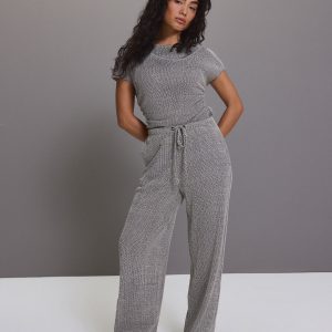 Grey Wide Leg Drawstring Textured Trousers