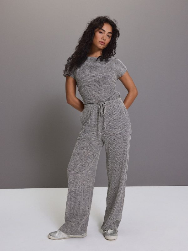 Grey Wide Leg Drawstring Textured Trousers