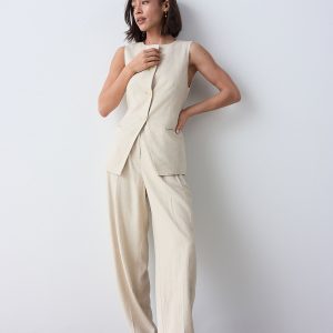 Neutral Elasticated Linen Rich Tapered Trousers