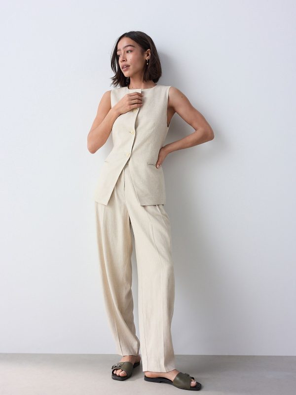 Neutral Elasticated Linen Rich Tapered Trousers