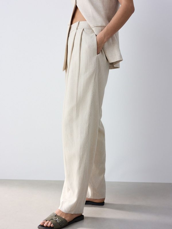 Neutral Elasticated Linen Rich Tapered Trousers - 图片 3