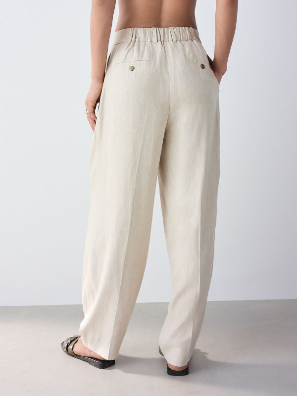 Neutral Elasticated Linen Rich Tapered Trousers - 图片 4