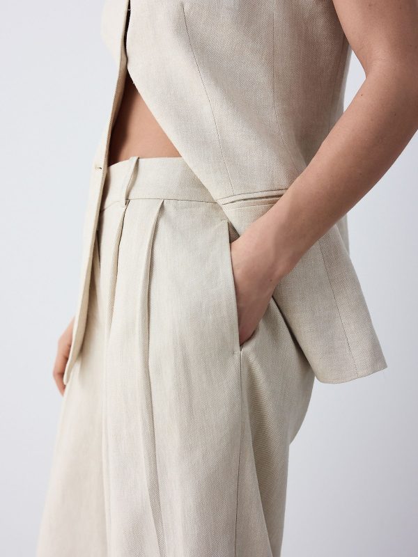 Neutral Elasticated Linen Rich Tapered Trousers - 图片 5