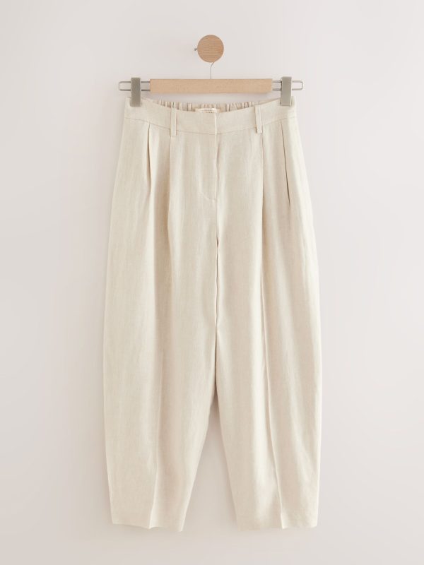 Neutral Elasticated Linen Rich Tapered Trousers - 图片 6