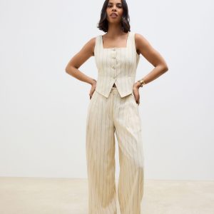 Yellow Striped Elastic Back Wide Leg Trousers with Linen