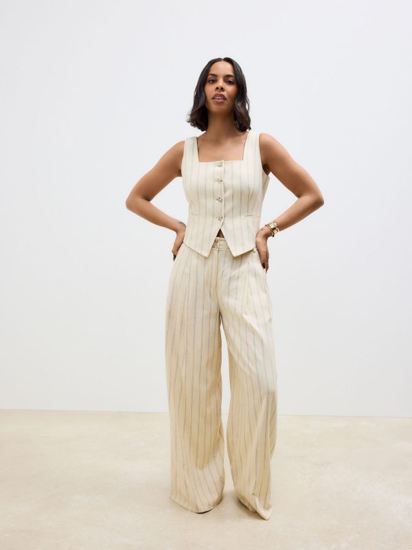Yellow Striped Elastic Back Wide Leg Trousers with Linen