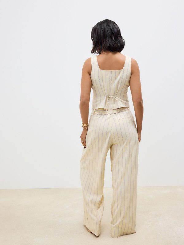 Yellow Striped Elastic Back Wide Leg Trousers with Linen - 图片 2