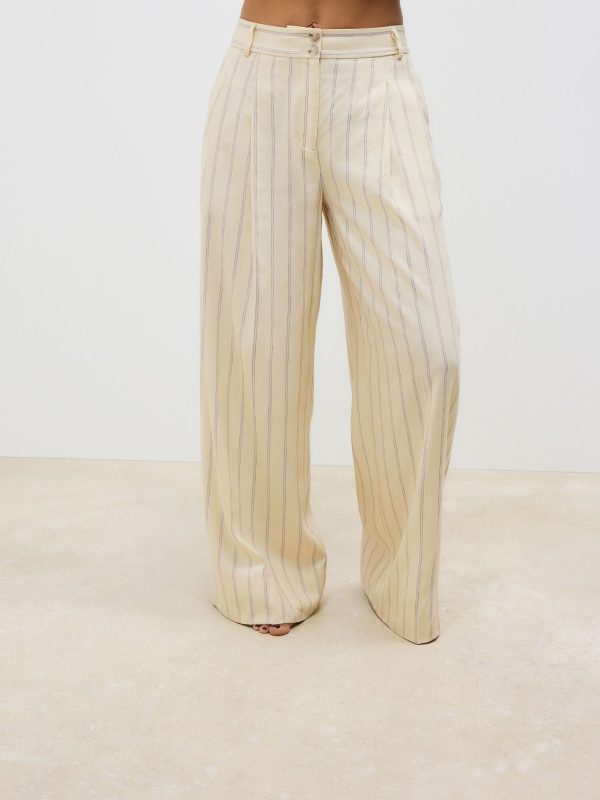 Yellow Striped Elastic Back Wide Leg Trousers with Linen - 图片 3