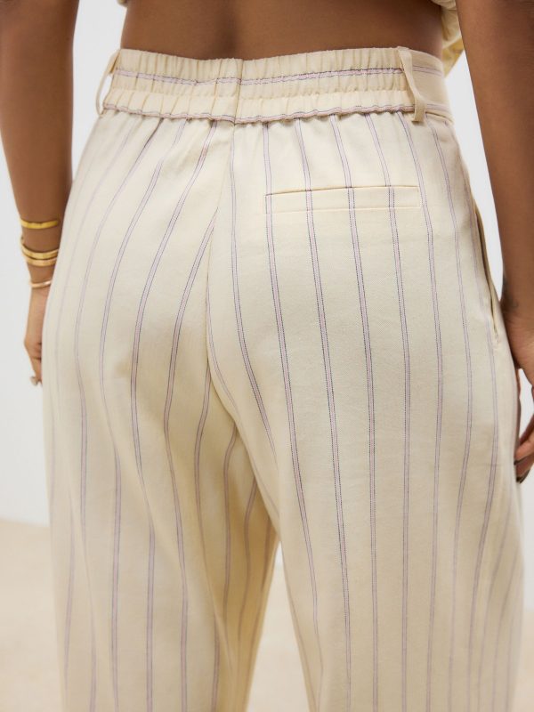 Yellow Striped Elastic Back Wide Leg Trousers with Linen - 图片 4