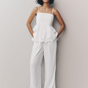 White Wide Leg Trousers with Linen