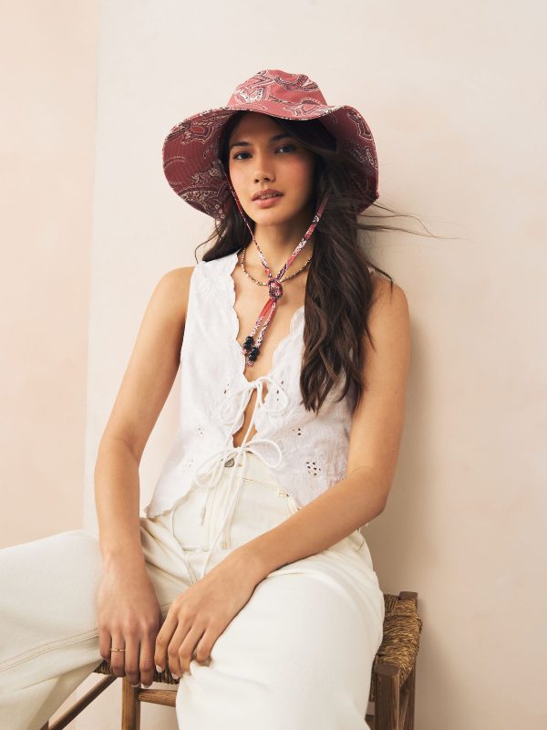 Red Paisley Print Wide Brim Bucket Hat
