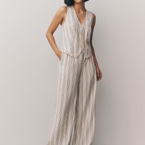 White/Black Straight Leg Textured Striped Trousers