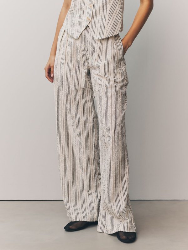 White/Black Straight Leg Textured Striped Trousers - 图片 2