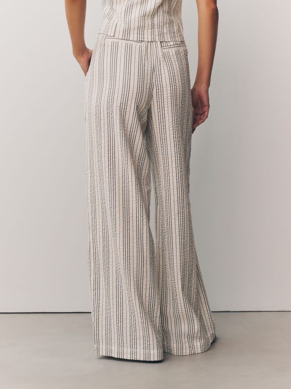 White/Black Straight Leg Textured Striped Trousers - 图片 3