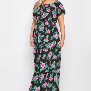 Black Black Floral Tropical Print Bardot Maxi Dress