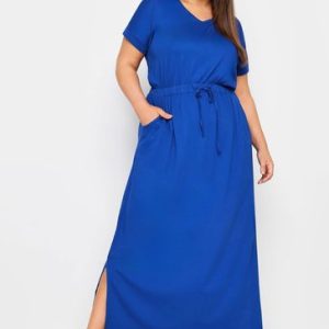 Blue Side Split Drawcord Maxi Dress