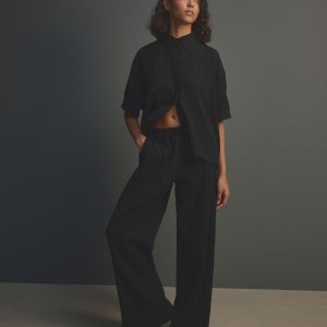 Black Wide Leg Textured Co-ord Trousers with Linen