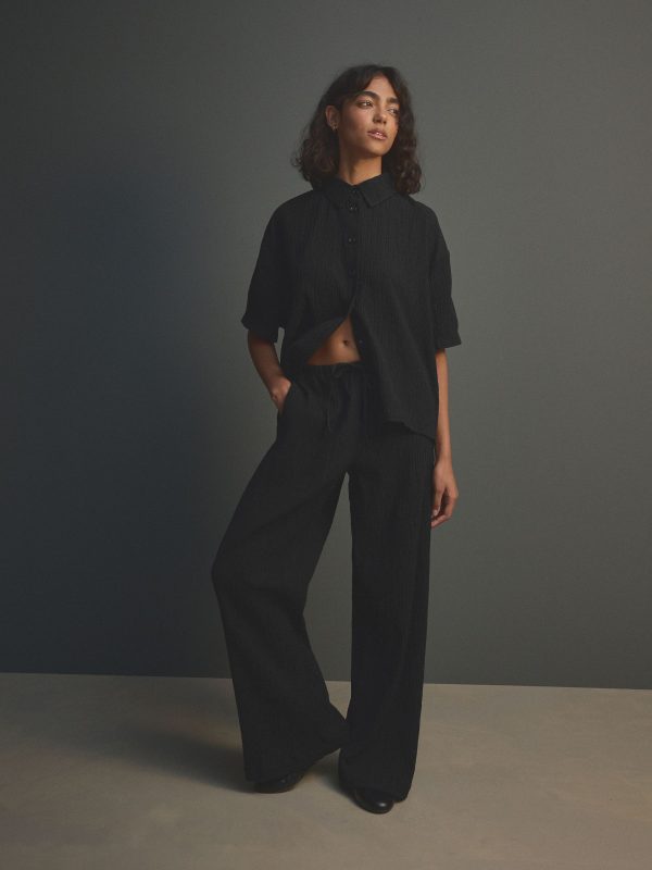 Black Wide Leg Textured Co-ord Trousers with Linen