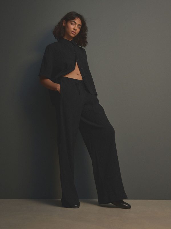 Black Wide Leg Textured Co-ord Trousers with Linen - 图片 2