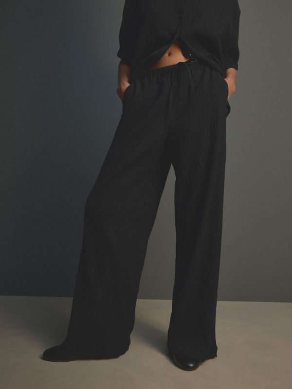 Black Wide Leg Textured Co-ord Trousers with Linen - 图片 3