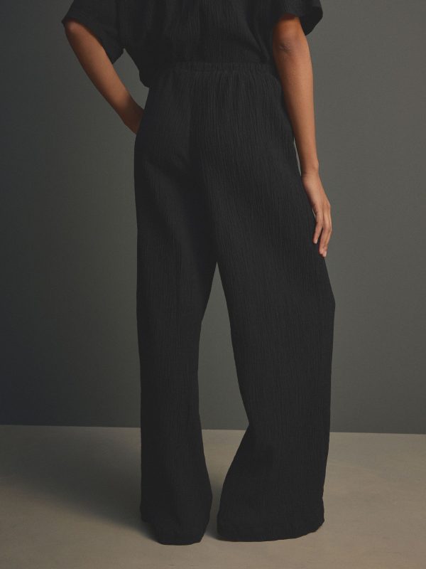 Black Wide Leg Textured Co-ord Trousers with Linen - 图片 4