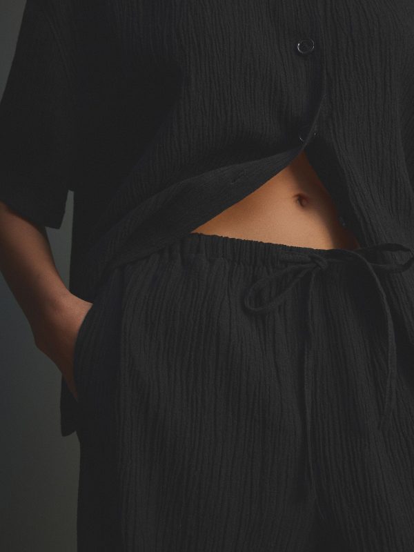 Black Wide Leg Textured Co-ord Trousers with Linen - 图片 5